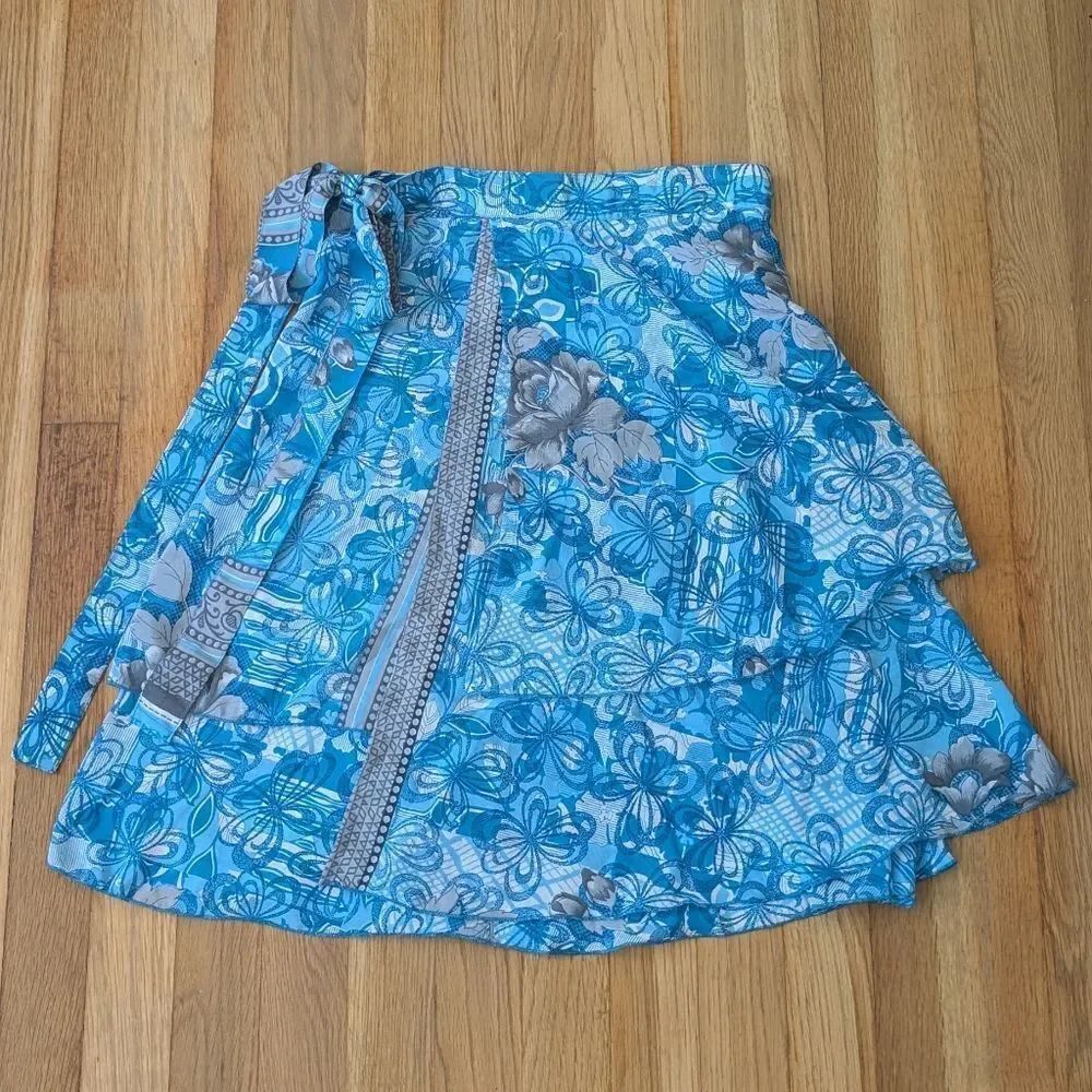 Blue grey floral wrap skirt silk blend